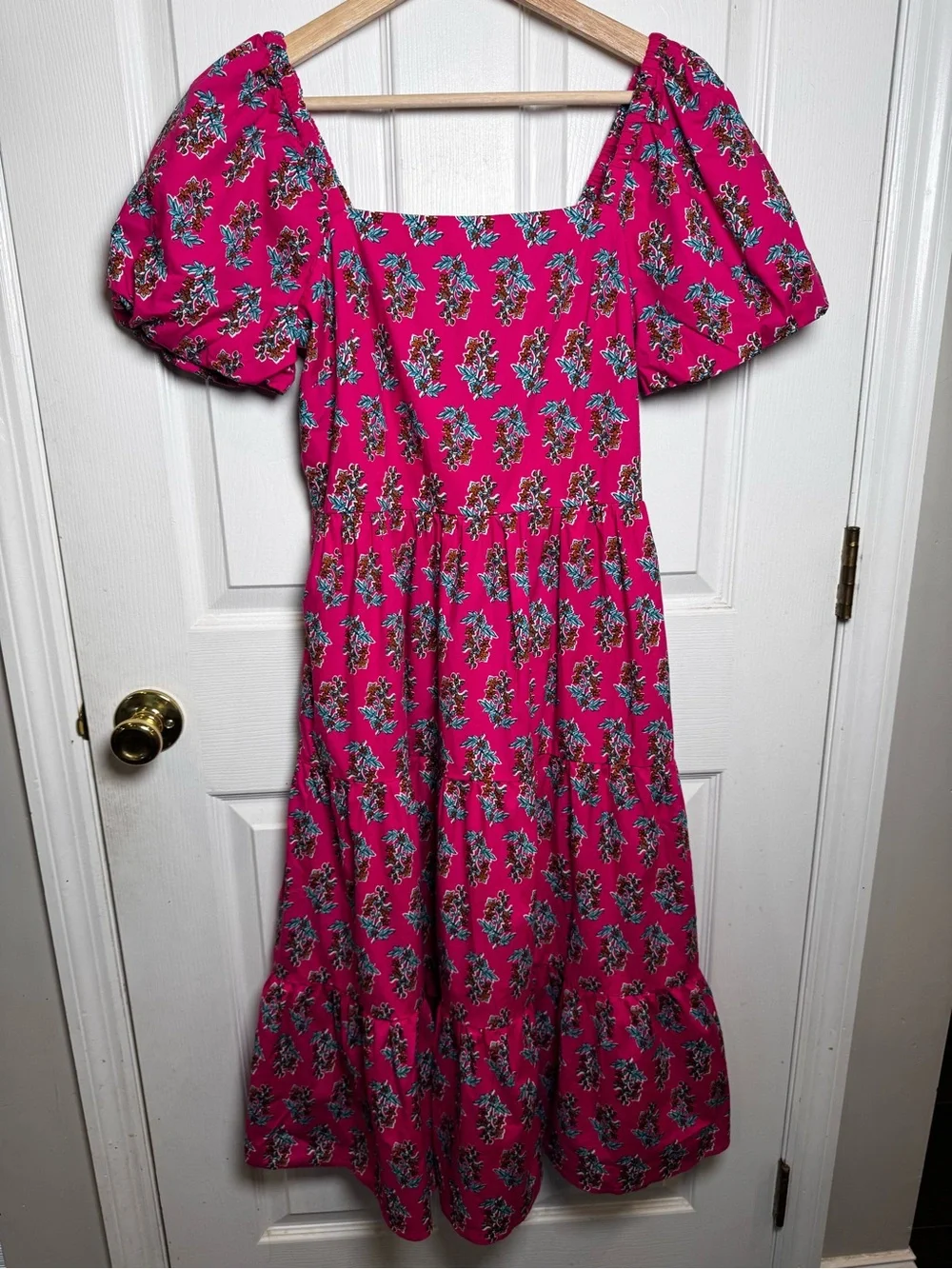 J.Crew Pink Floral Puff Sleeve Smocked Midi Dress Cotton Size 4 Cottagecore